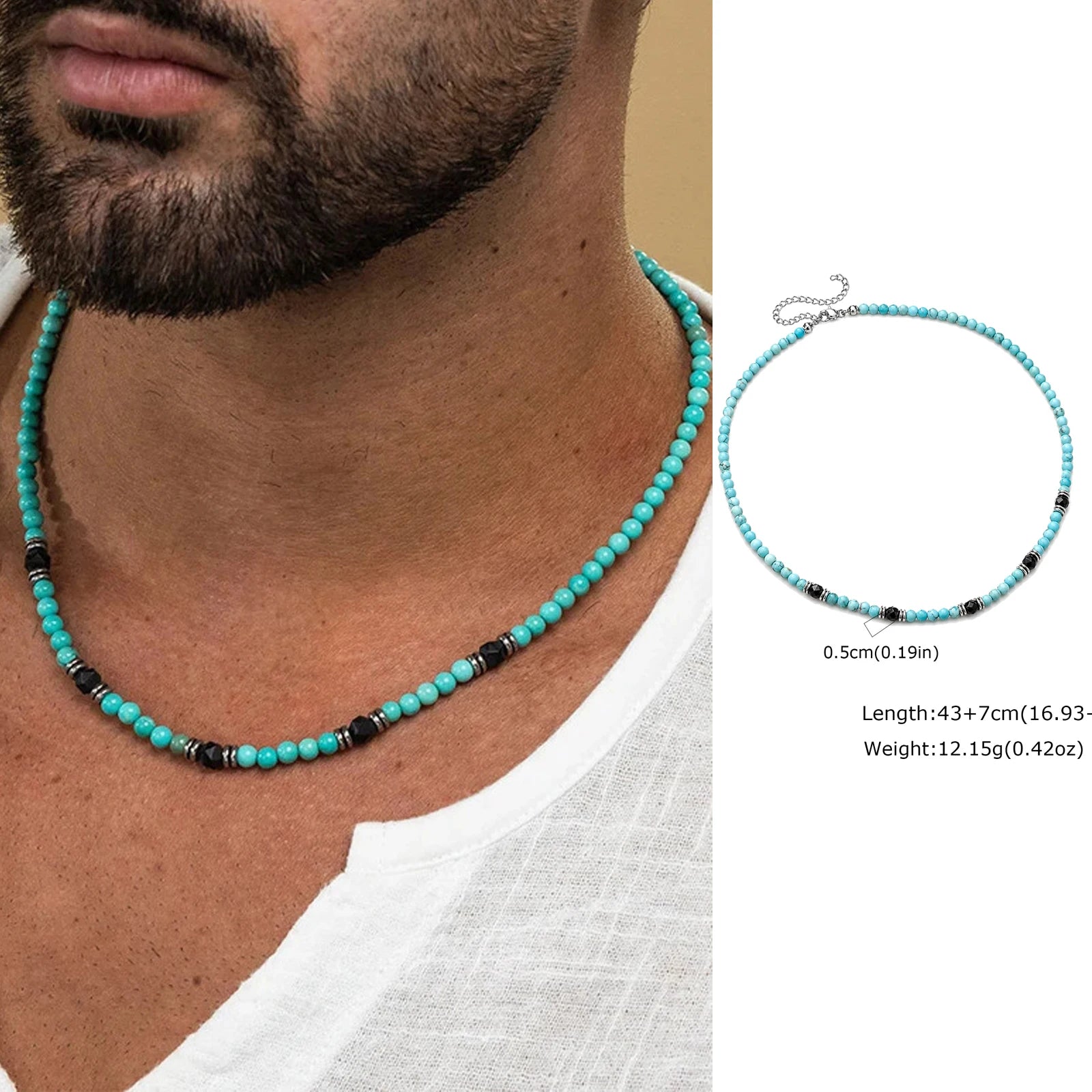 Synthetic Turquoise Necklace for Men | Natural Stone Mini Beads Summer Beach Bohemian alternate view