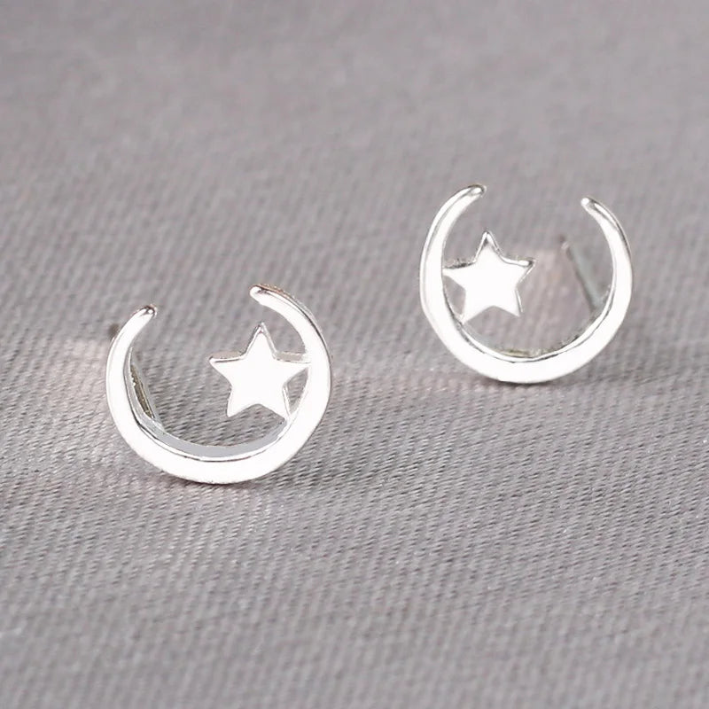925 Silver Needles Lovely Mini Stud Earrings Women Cute Heart Star Moon Daisy Christma close-up view