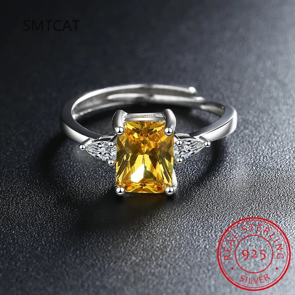 Emerald Cut Natural Yellow Citrine 925 Sterling Silver 3 Stone Ring for Women Rectangl close-up view