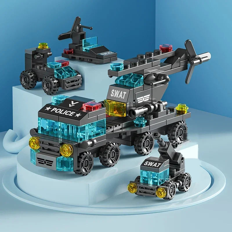City Fire Car Building Blocks Set | 6-in-1 Police Truck, Engineering Crane, Tank & Hel close-up view