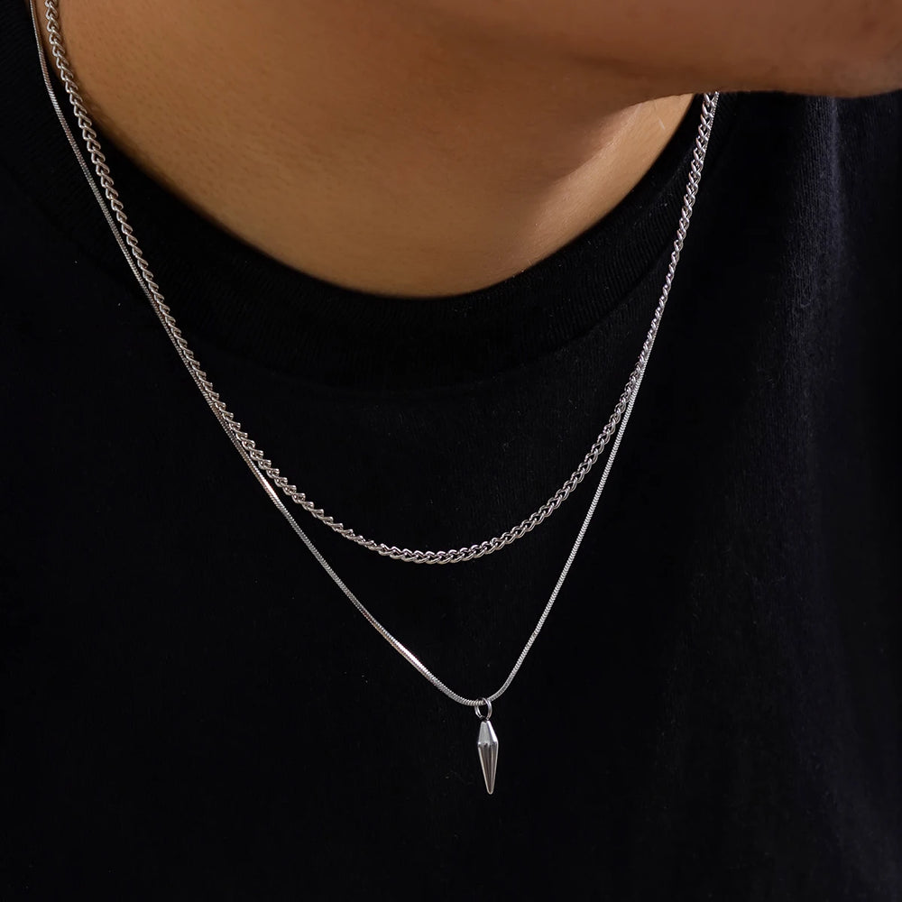 KunJoe 2pcs/set Stainless Steel Metal Rivet Pendant Thin Snake Chain Necklace for Men alternate view