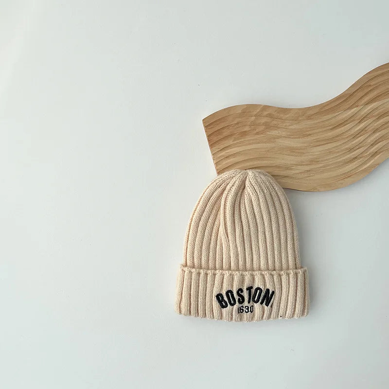 Boston Knitted Baby Hat with Letter Design | Winter Ear Protection Cap alternate view