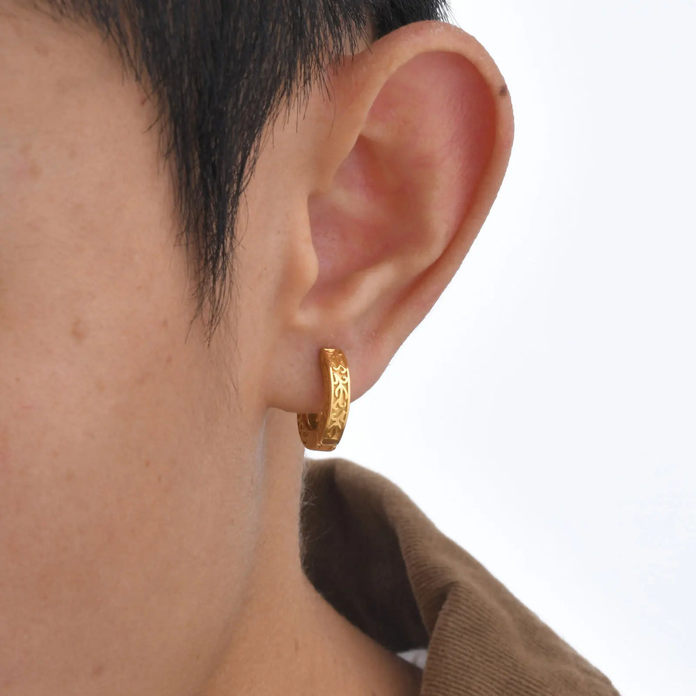 Totem Hoop Earrings for Men and Teens | Hypoallergenic Stainless Steel Huggies close-up view