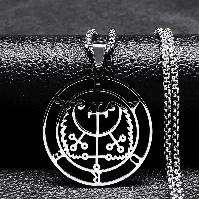 Sigeal Sigil De Lucifer Stainless Steel Satan Necklace | Asmoday Key Baphomet Pendant Je detail view