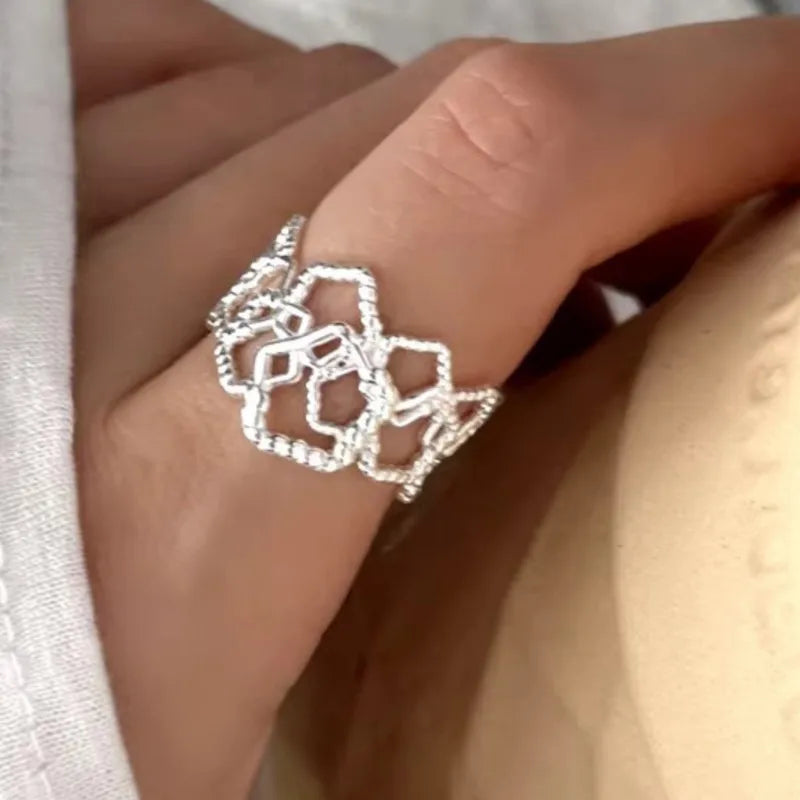 PANJBJ 925 Sterling Silve Multilayer Irregular Geometric Ring for Women Simple Charm Ret detail view