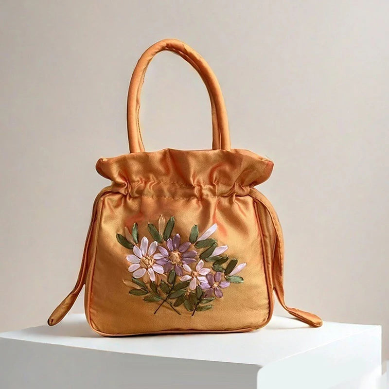 Small Embroidered Flower Bucket Bag | Women's Top Handle Drawstring Purse additional angle