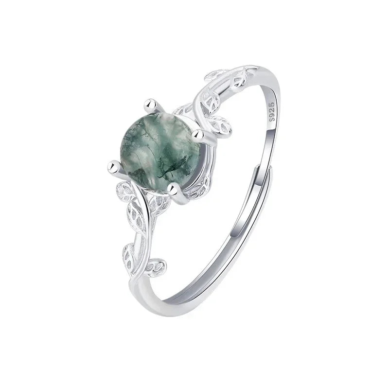 New S925 Sterling Silver Green Moss Agate Stone Ring for Women Engagement Jewelry G additional angle
