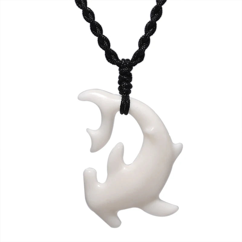 Tribal Hammerhead Shark Bone Pendant Necklace | Hand Carved Maori Amulet Jewelry detail view