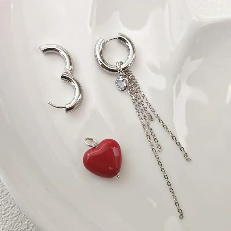 Fashion Heart Pendant Ear Buckle Fashionable Irregular Crystal Tassel Earrings Sweet Coo detail view