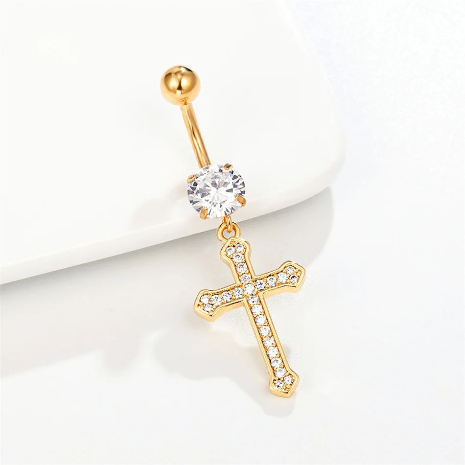Surgical Cross Dangle Navel Ring Crystal Stainless Steel Belly Button Piercing Earrin lifestyle view