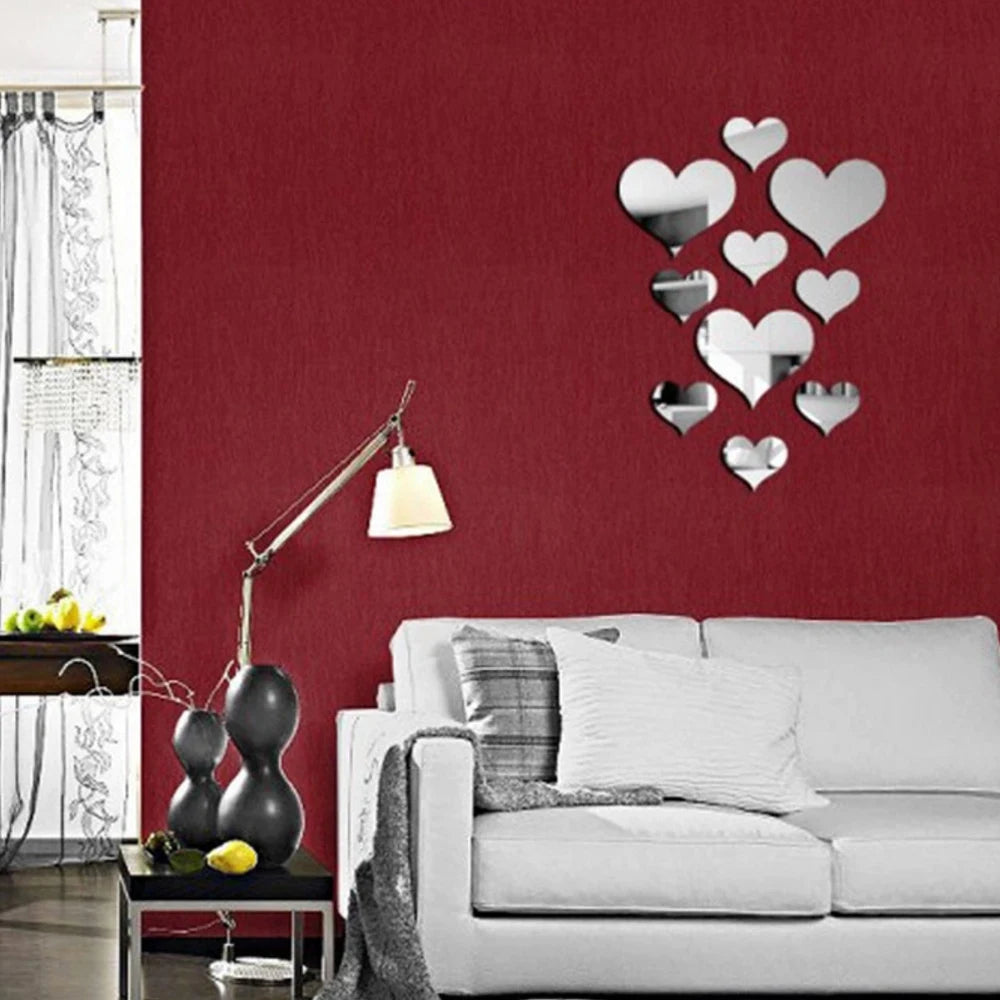 10Pcs Acrylic Love Heart Wall Stickers | Mirror 3D Decals for Home Decor additional angle