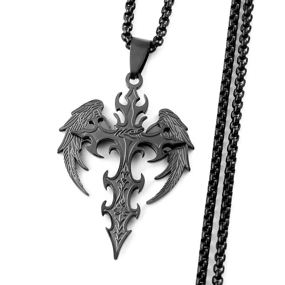 Gothic Punk Angle Wing Spiked Cross Pendant Necklace For Women Men Stainless Steel Bl lifestyle view