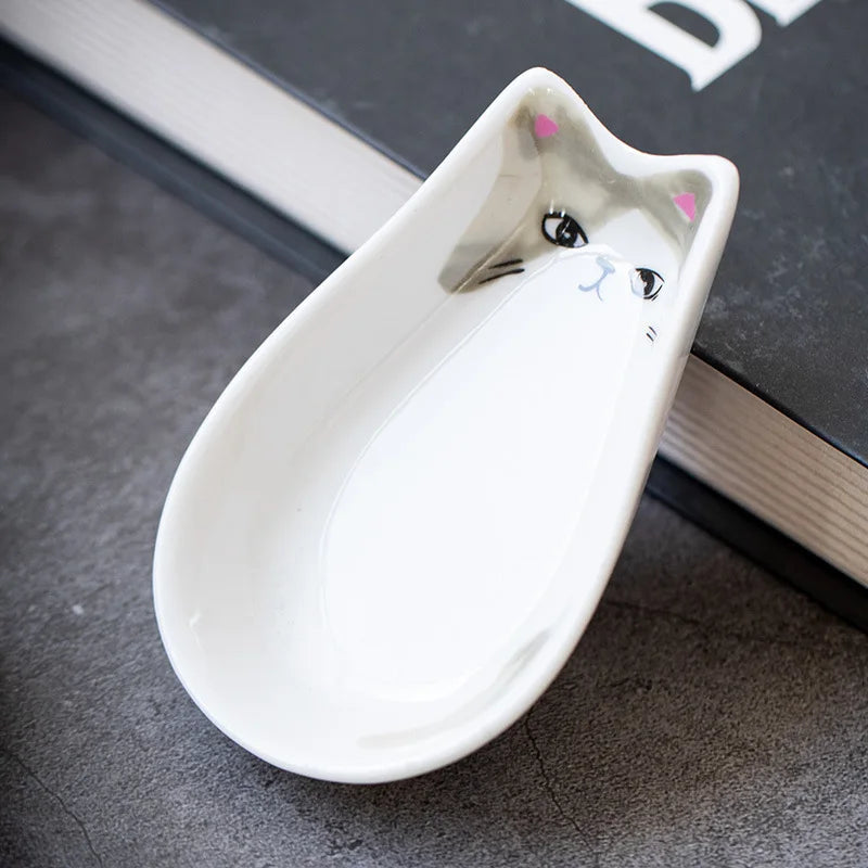 Japanese Ceramic Cat Incense Tray and Sauce Dish | Cute Animal Seasoning Plate for Kit close-up view