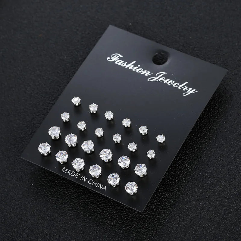 12/24/36 Pairs Shiny Zircon Stud Earrings Set for Women Men Daily Versatile Chic Silve close-up view