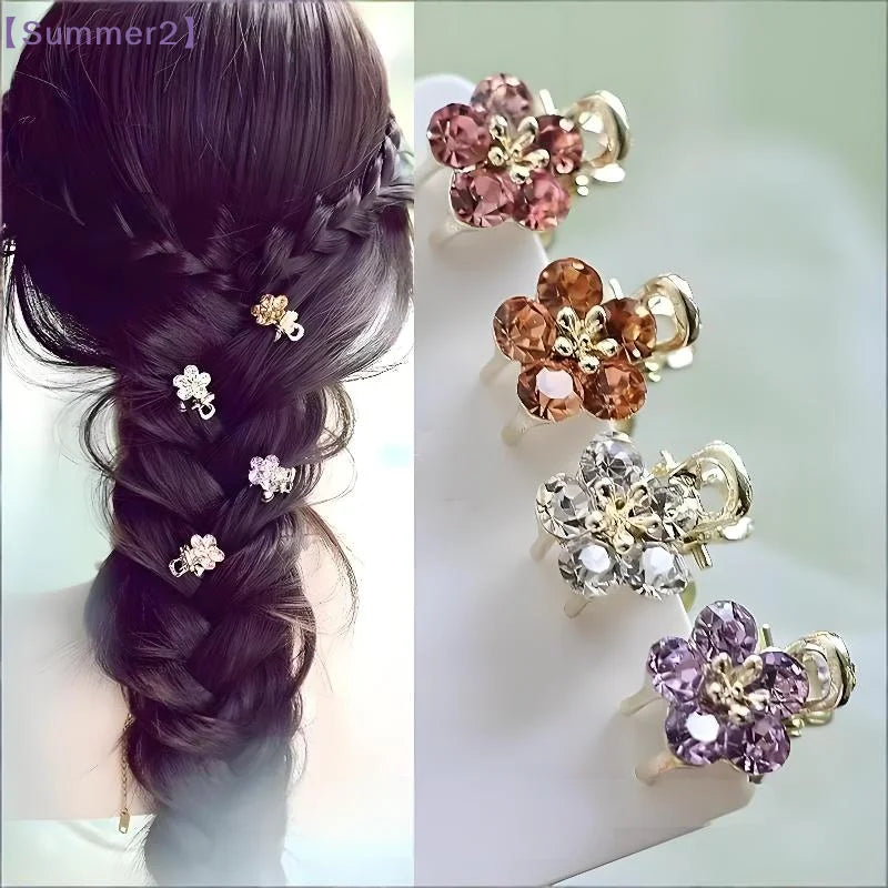 【Xia2】4Pcs Mini Rhinestone Flower Hair Clips With Shiny Crystal And Sturdy Gold Base Perfect For Braid Styling Daily Wear{S}