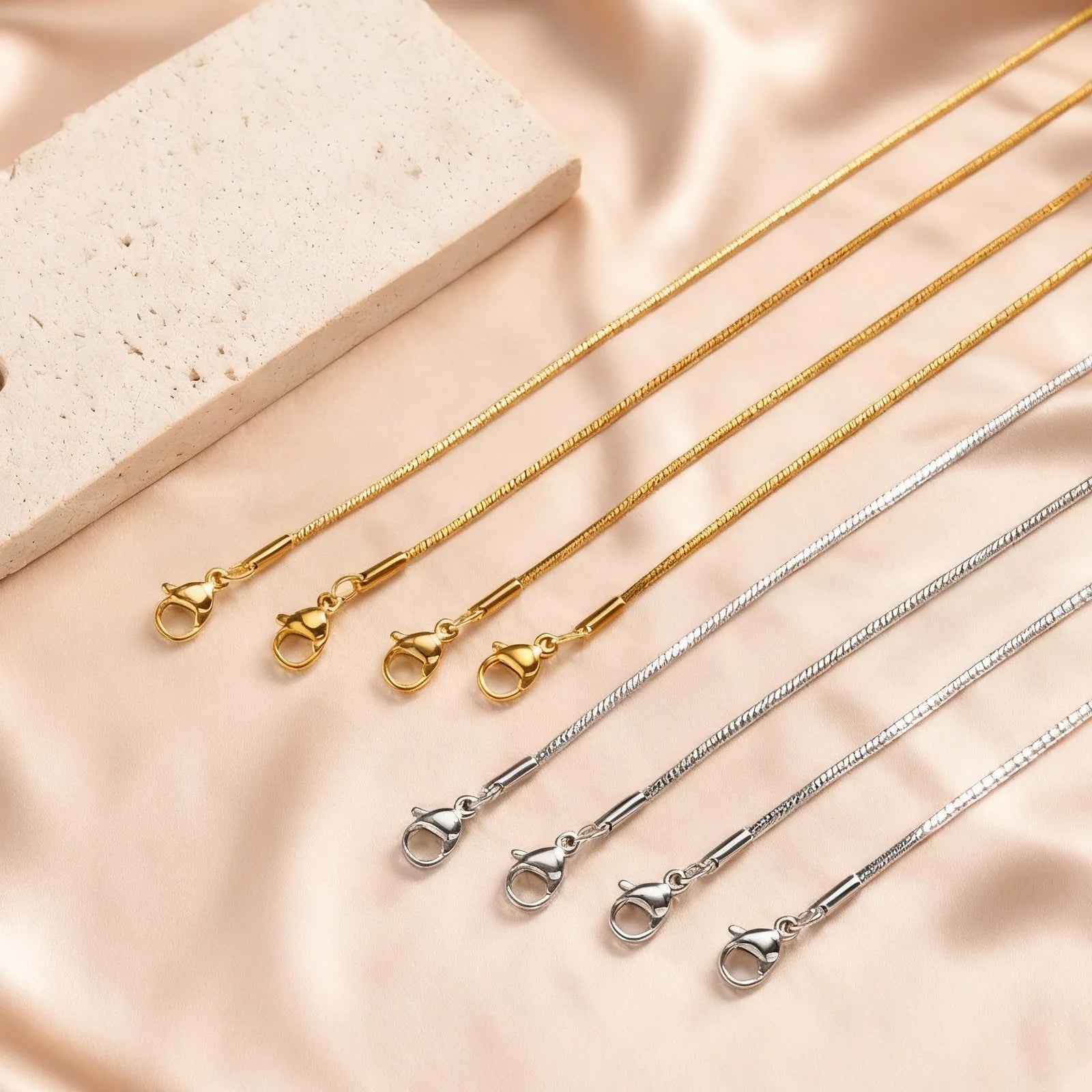 Stainless Steel Gold Square Snake Chain Necklace | Unisex Minimalist Jewelry close-up view