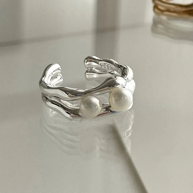 PANJBJ 925 Sterling Silber Perlen Unregelmäßiger Ring | Damen Muschel Überlappend Hohl Süßes Design Schmuck