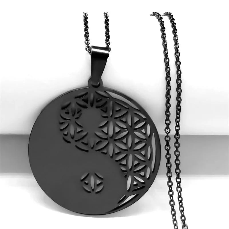Sacred Geometry Flower of Life Necklace | Stainless Steel Mandala Pendant with Black alternate view
