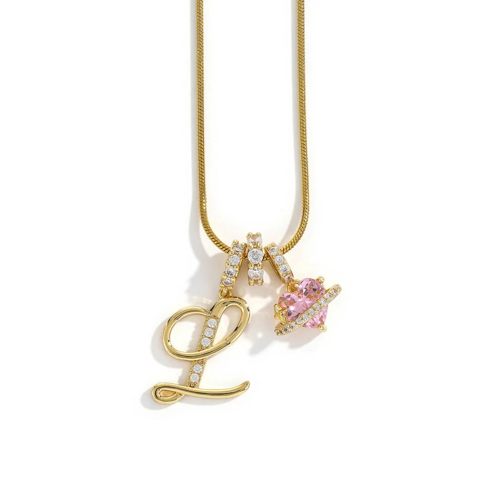 Gold Color Zircon Flower Pendant Necklace Female A-Z 26 Letter Alphabet Wedding Jewelr close-up view