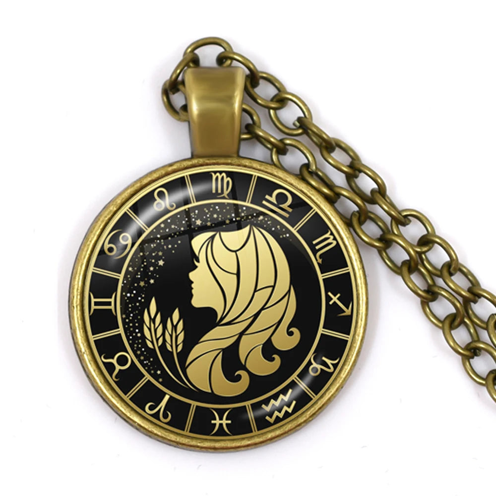 12 Constellation Zodiac Pendant Necklace | Antique Bronze Glass Dome Jewelry alternate view