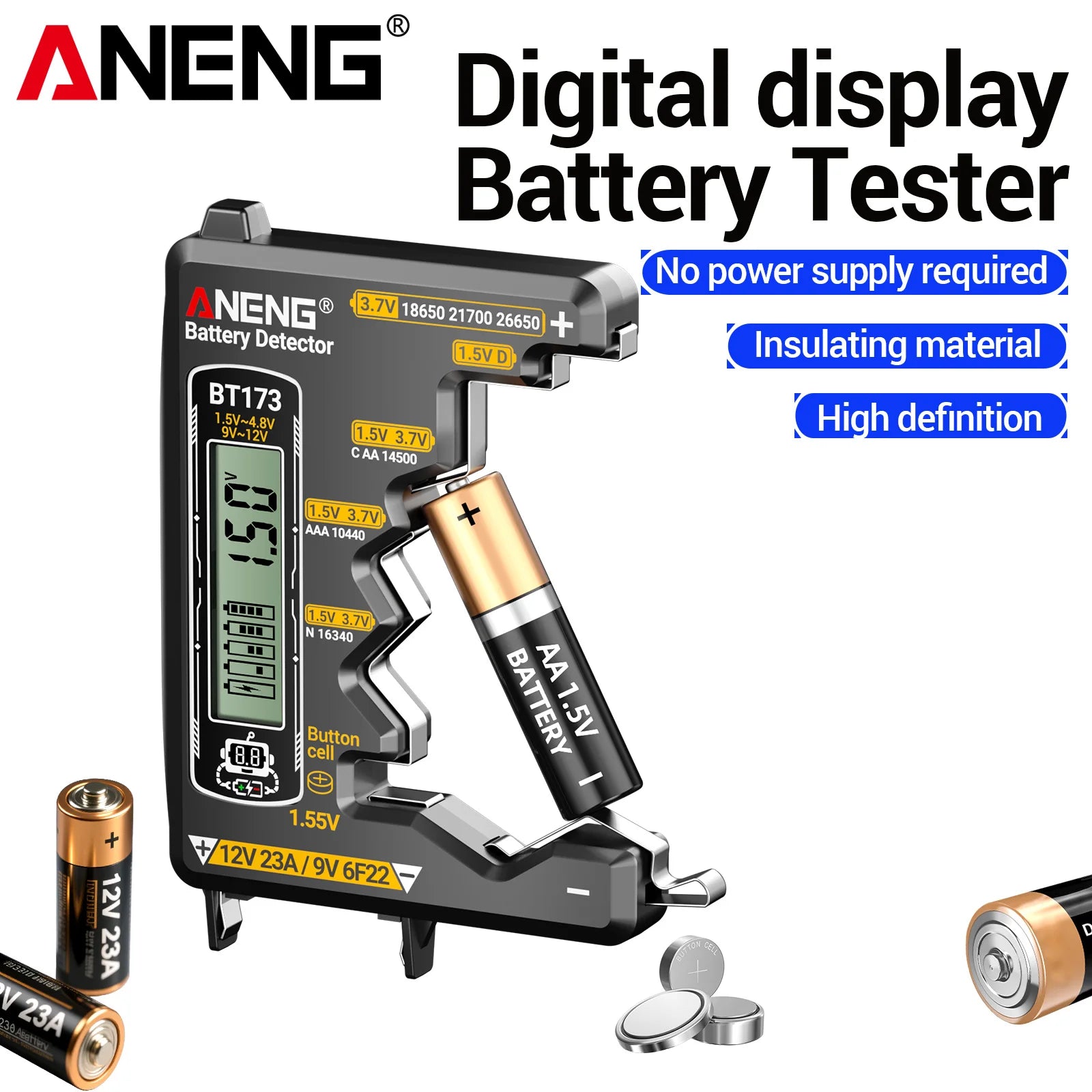ANENG BT173 Universal Digital Battery Tester | 18650/AA/AAA/9V/12V Button Battery Lev alternate view