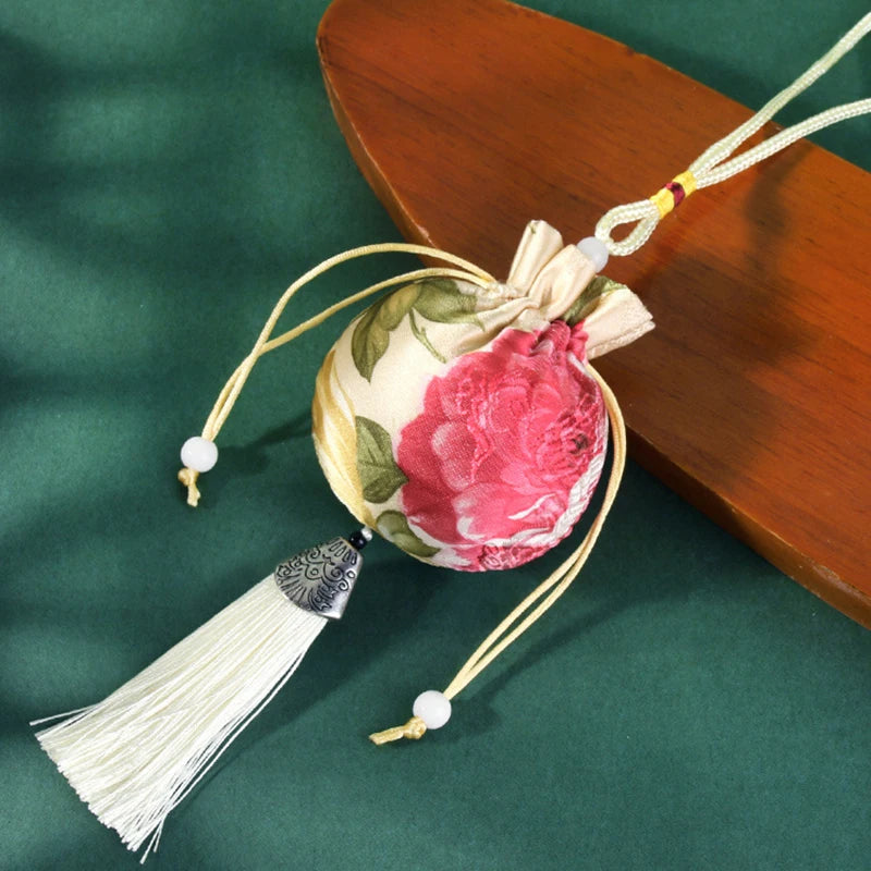 Chinese Style Embroidery Tassel Gift Pouch | Lotus Scented Sachet Bag close-up view