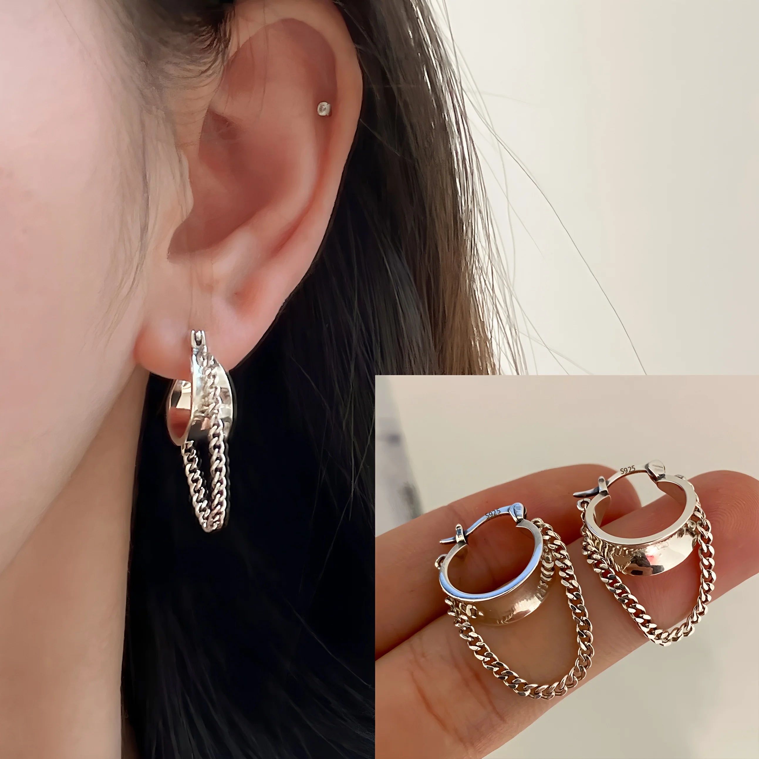 PANJBJ925 Sterling Silver Frosting Hoop Earrings For Women Texture Geometry Design Tre close-up view