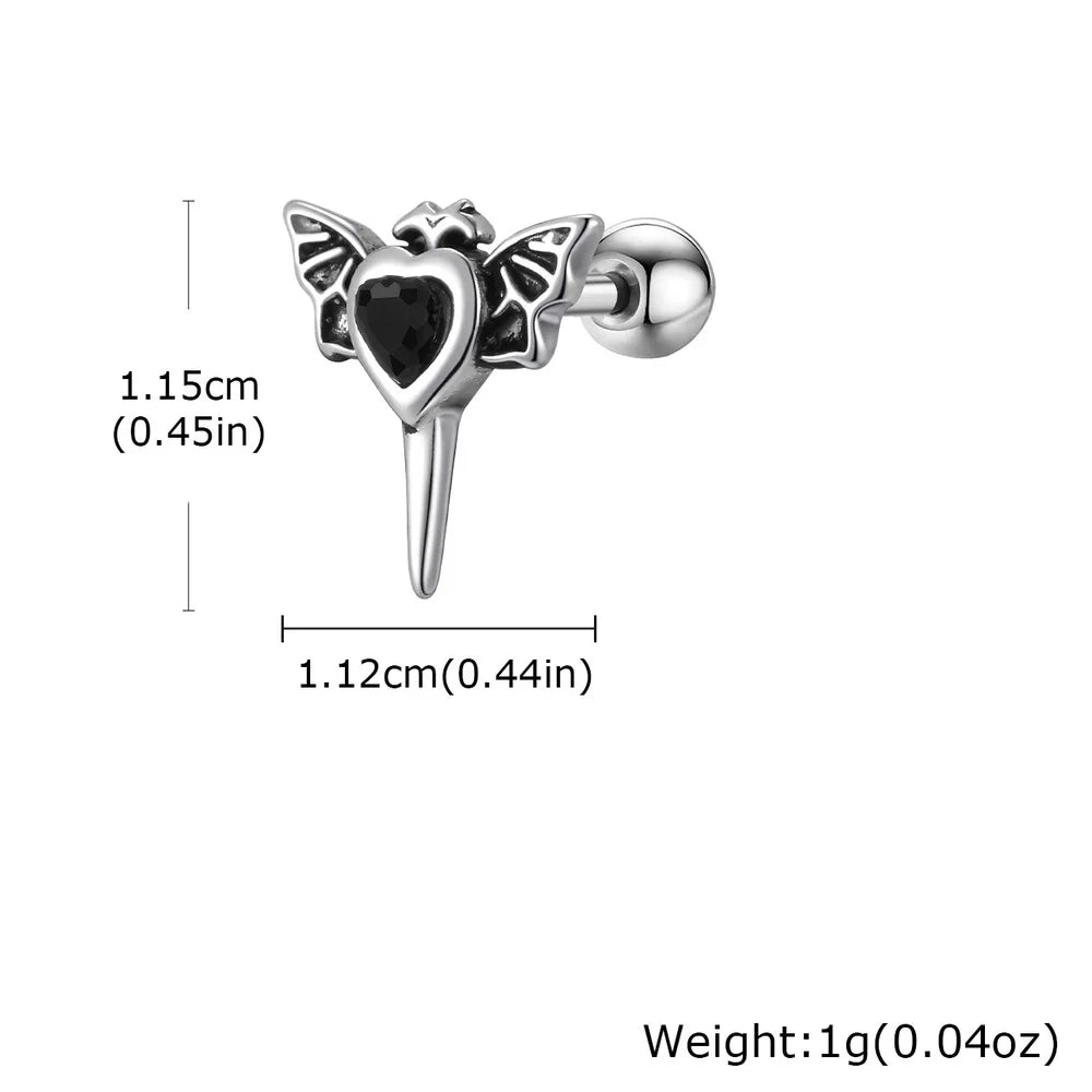 Gothic Wings Stud Earrings for Men Women,Vintage Stainless Steel Heart Zircon Sword St close-up view