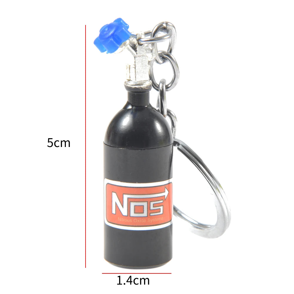 NOS Bottle Keychain Keyring | Metal Pill Box Stash Container for Car Keys close-up view