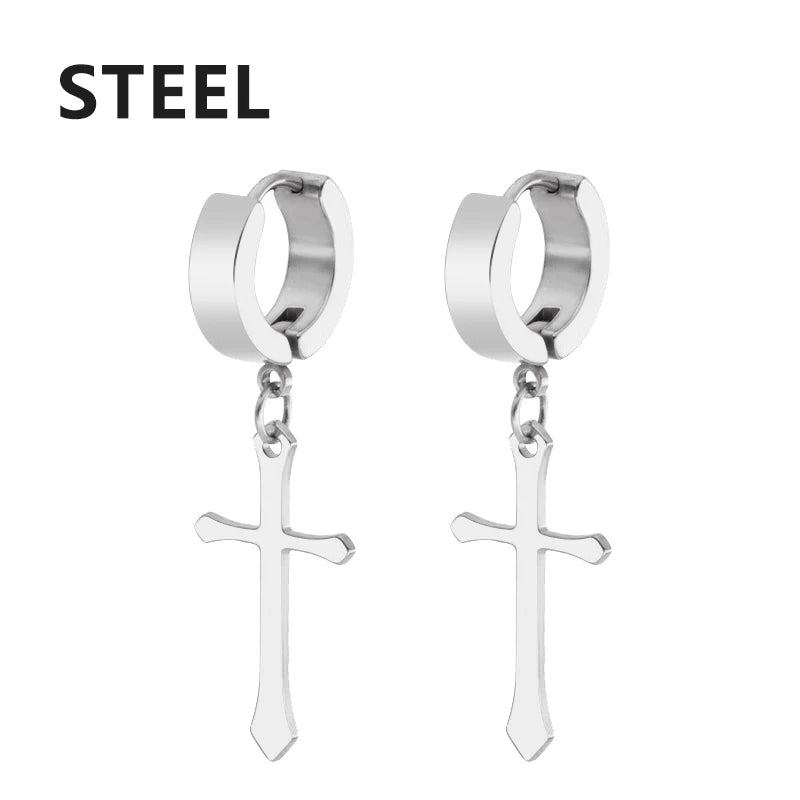 2pc Stainless Steel Men Cross Stars Punk Dangle Earrings Gothic Woman Cross Ear Hoo additional angle