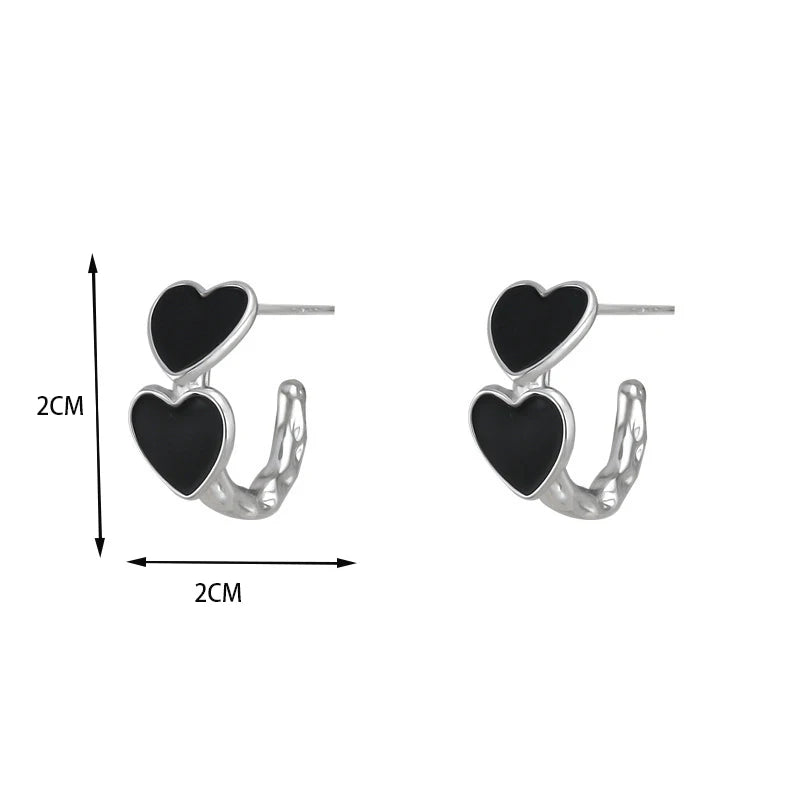 Vintage Goth Black Enamel Heart Stud Earrings for Women Fashion Sweet Hollow Metal additional angle