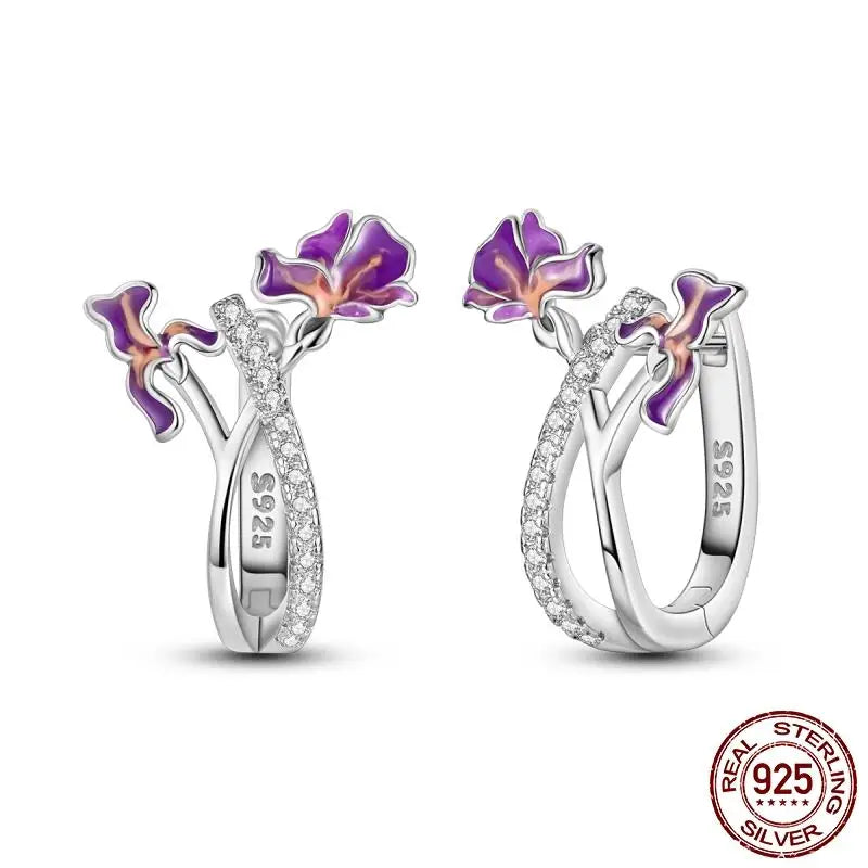 Luminous Shell Women Earrings Original 925 Sterling Silver Pave CZ Star Moon Hoop E additional angle
