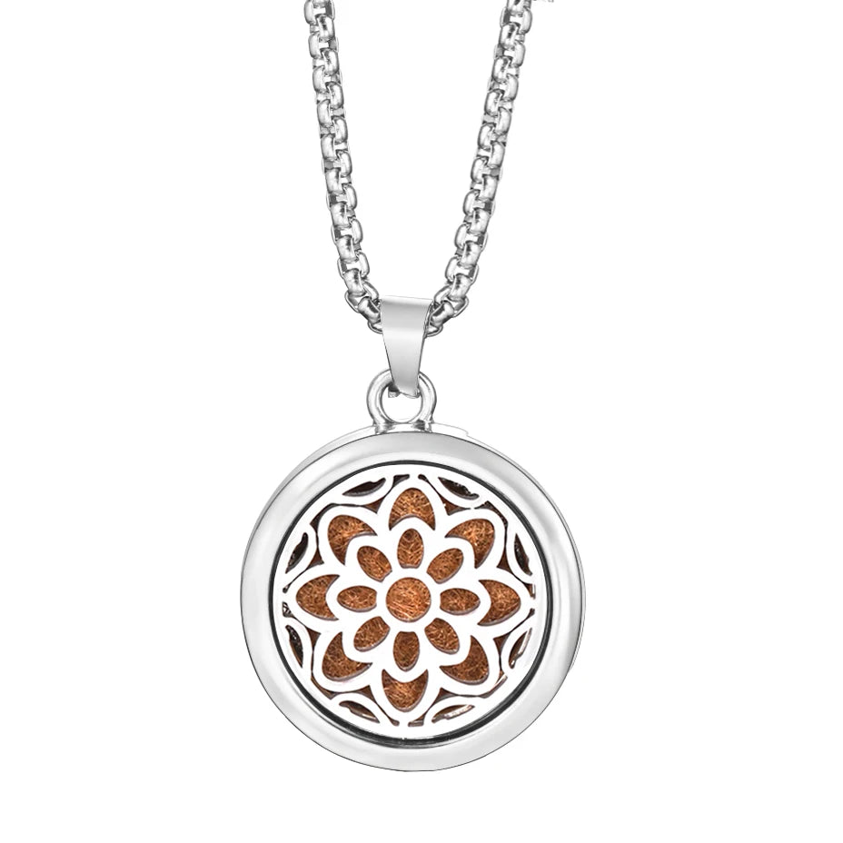 20mm Pattern Insert Perfume Pad Locket Necklace | Stainless Steel Aromatherapy Pendant close-up view