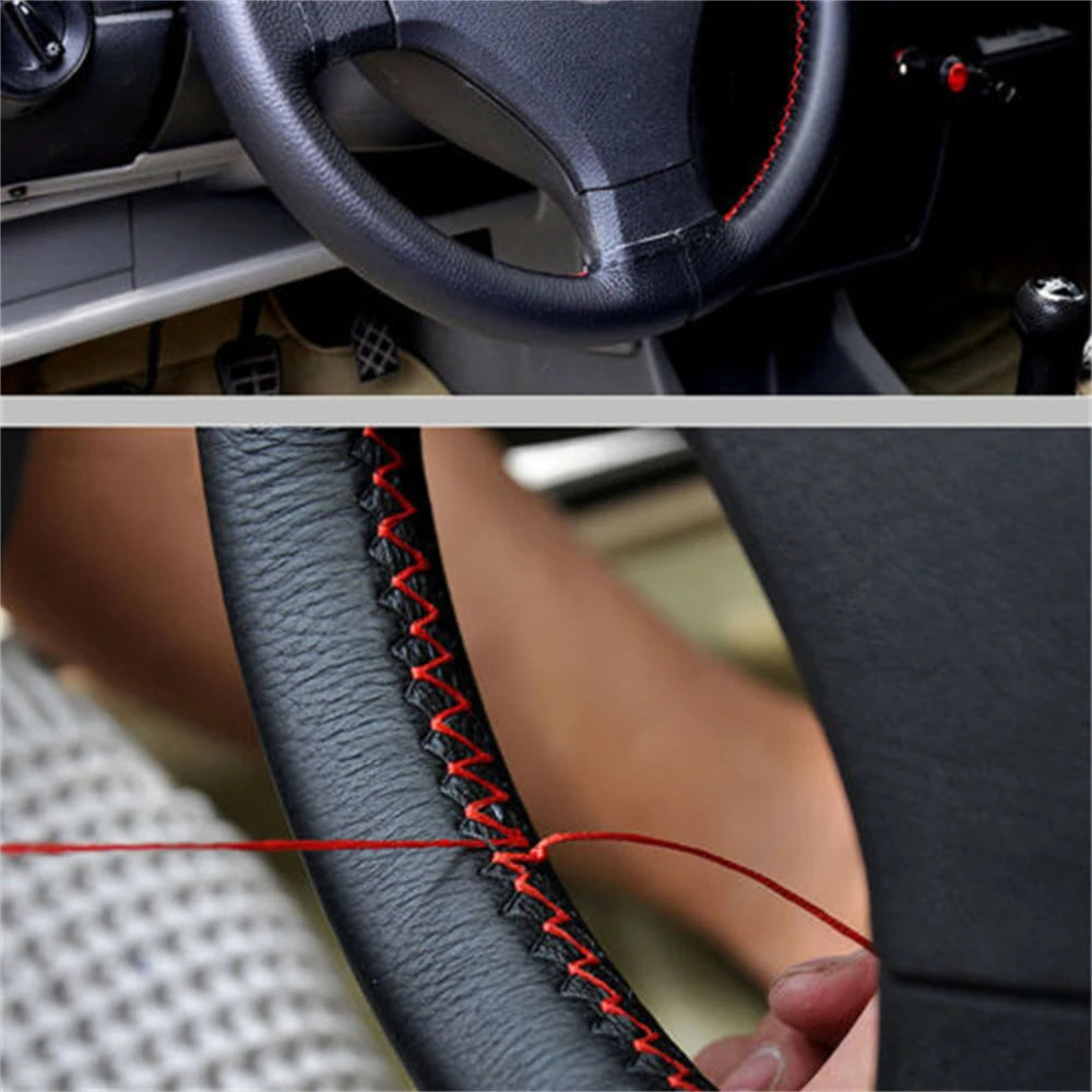 Leather Car Steering Wheel Cover Car Braid On The Steering Wheel 38 CM DIY Universal A close-up view