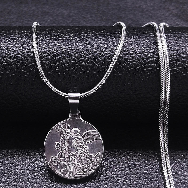 SAINT MICHAEL PROTECT US Archangel Stainless Steel Necklaces Chain Men/Women Gold Color detail view