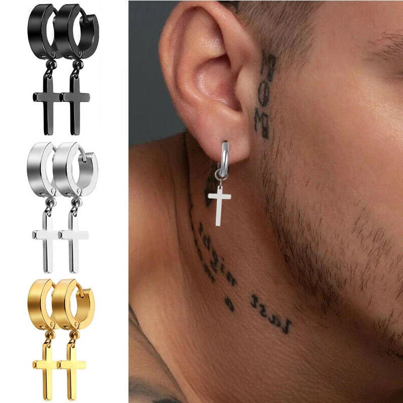 2pc Stainless Steel Men Cross Stars Punk Dangle Earrings Gothic Woman Cross Ear Hoop Ear detail view