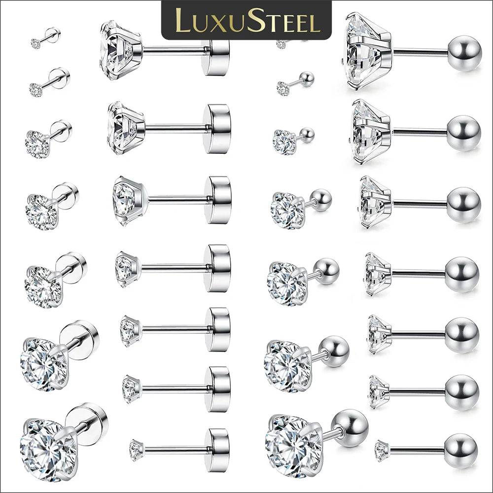 LUXUSTEEL Stainless Steel Round Cubic Zirconia Stud Earrings | Silver Screw-Back Earr alternate view