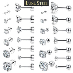LUXUSTEEL Stainless Steel Round Cubic Zirconia Stud Earrings | Silver Screw-Back Earr alternate view