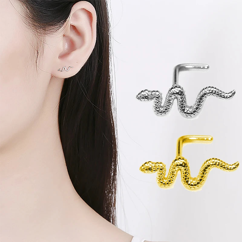 1Pc Stainless Steel L Shape Nose Bone Stud Women Snake Design Nose Ring Labret Lip Rin close-up view
