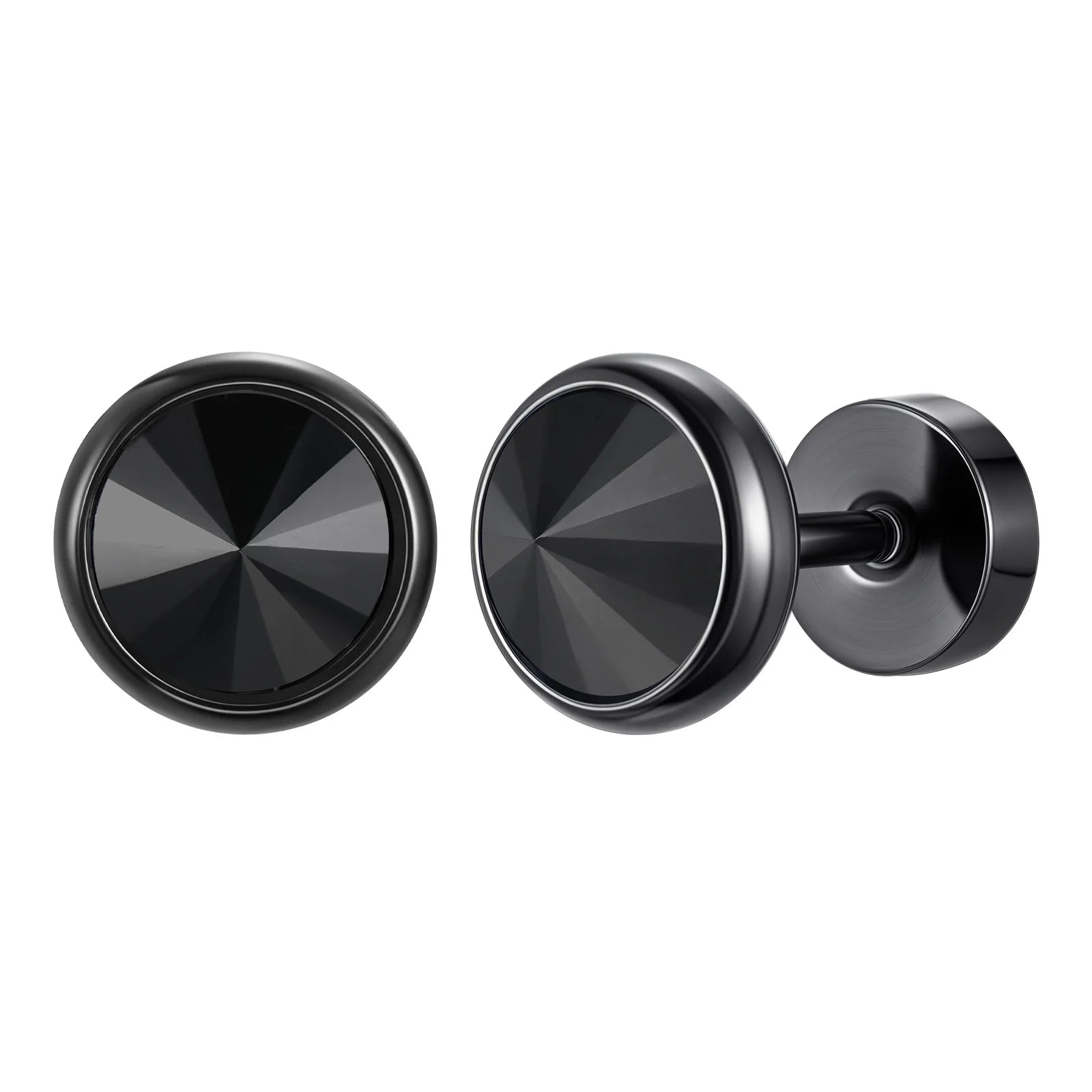 Vnox Multi-faced Cut Zircon Stone Earrings for Men, Screw Back Stud Barbell Shaped Ear close-up view