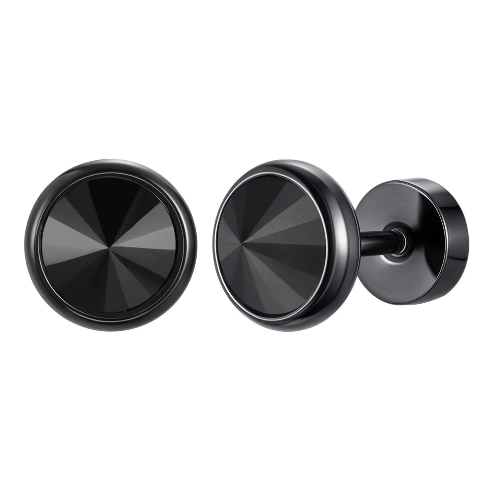 Vnox Multi-faced Cut Zircon Stone Earrings for Men, Screw Back Stud Barbell Shaped Ear close-up view