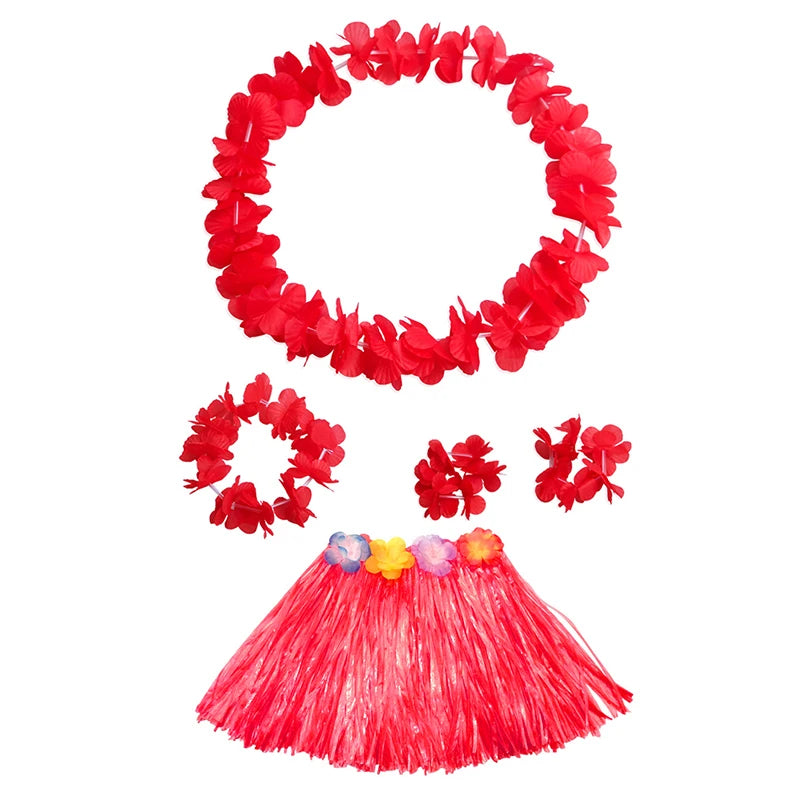 Kids Hawaiian Luau Costume Set | Grass Skirt Lei Flower Bracelets Headband detail view