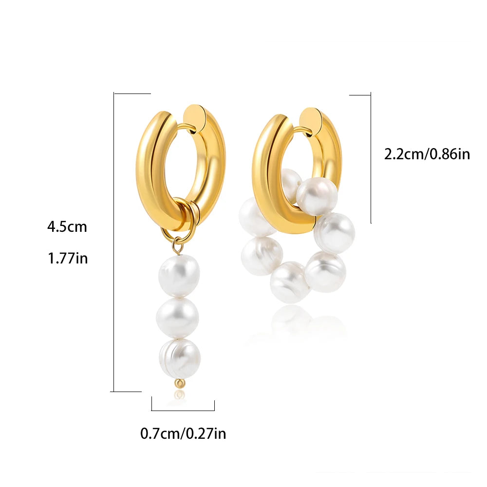 Trendy Asymmetry Pearl Drop Earrings | Stainless Steel Huggie Hoops for Women additional angle
