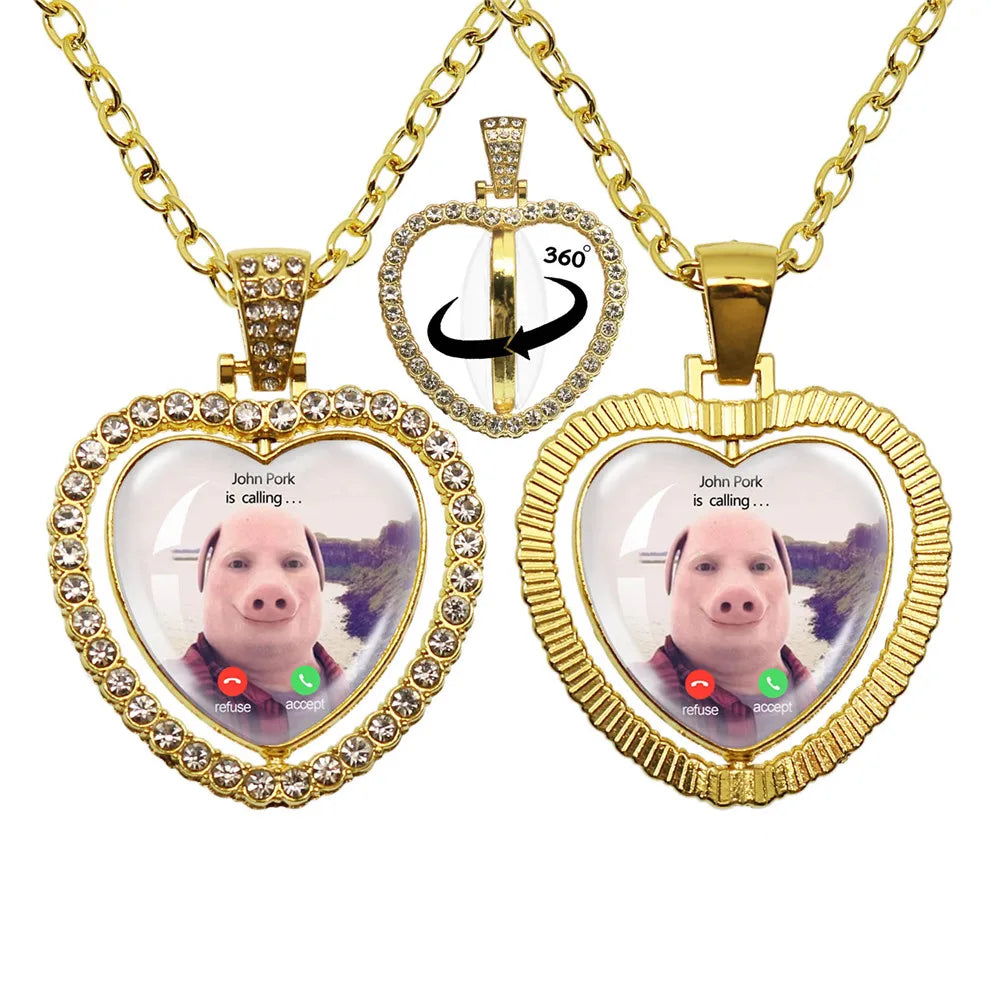 John Pork is Calling Answer Call Phone Humor Funny Pig Lover Graphic Glass Cabochon Heart-Shape Pendant Necklace Jewelry Gift