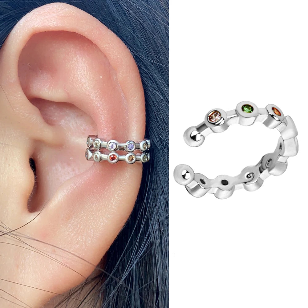 Geometric Rainbow CZ Cuff Clip On Earrings for Women