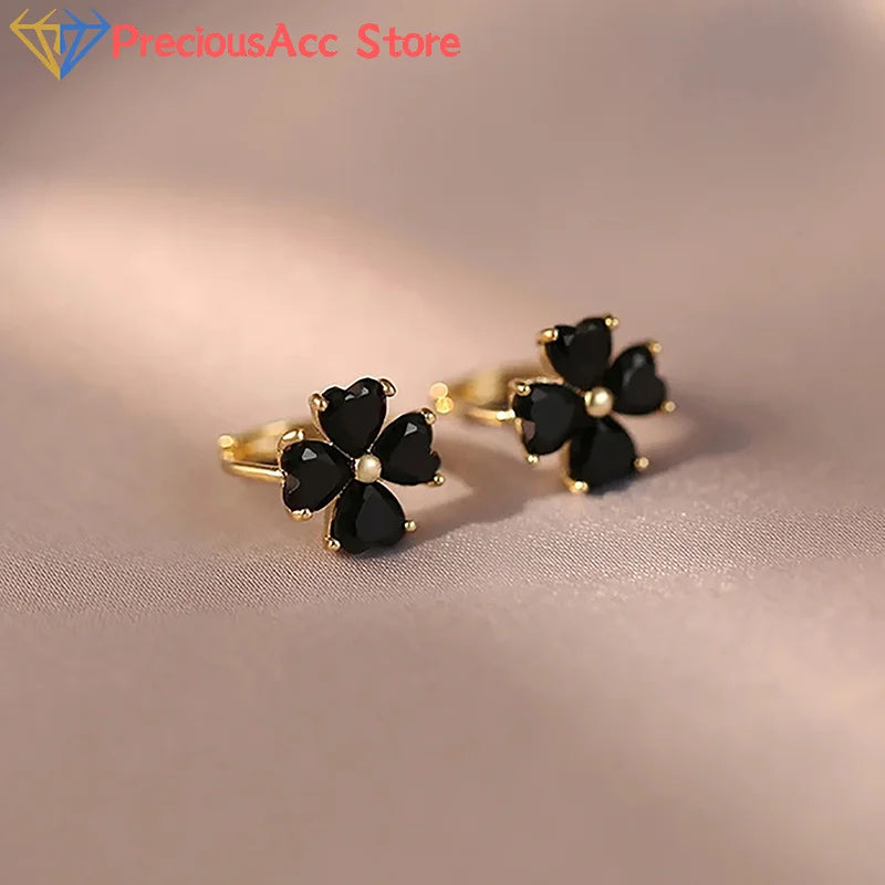 Fashion Black Mini Four-Leaf Flower Stud Earrings Women Jewelry Party Accessories Gif lifestyle view