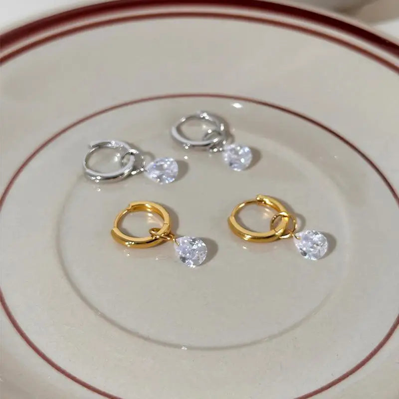 Stainless Steel Waterdrop Zircon Hoop Earrings for Women Men Gold Color Silver Color F close-up view