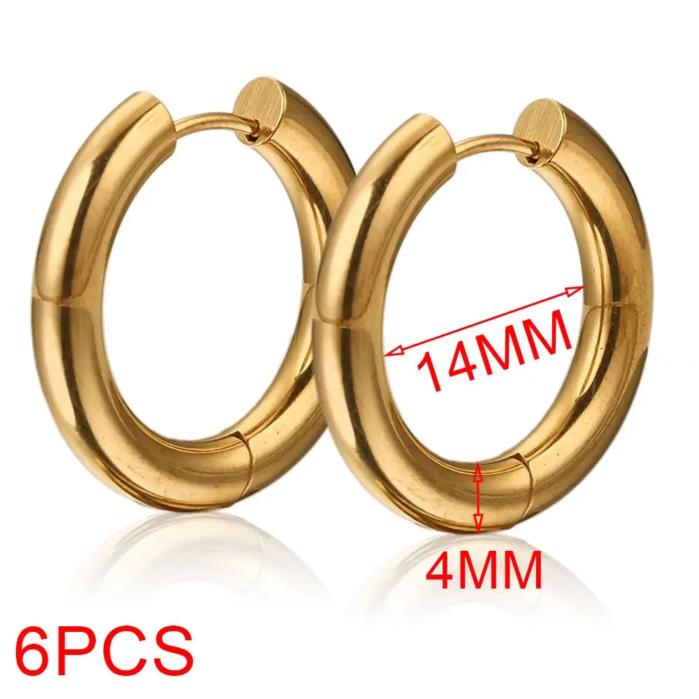 6pcs Stainless Steel 4mm Thick Earrings Gold Plated Large Round Korean Ear Rings Hoop lifestyle view