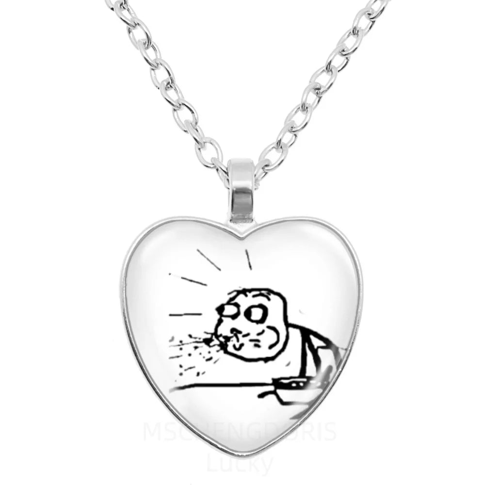Rage Comic Necklace Derp Face Trollface Funny Meme Cartoon Glass Heart Shape Pendan additional angle