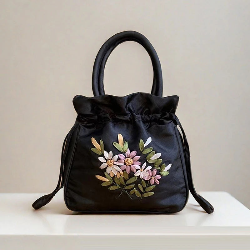 Small Embroidered Flower Bucket Bag | Women's Top Handle Drawstring Purse detail view